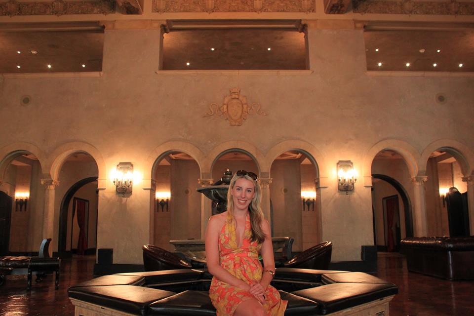The beautiful main lobby fountain. Wearing Kookai silk floral halter dress.